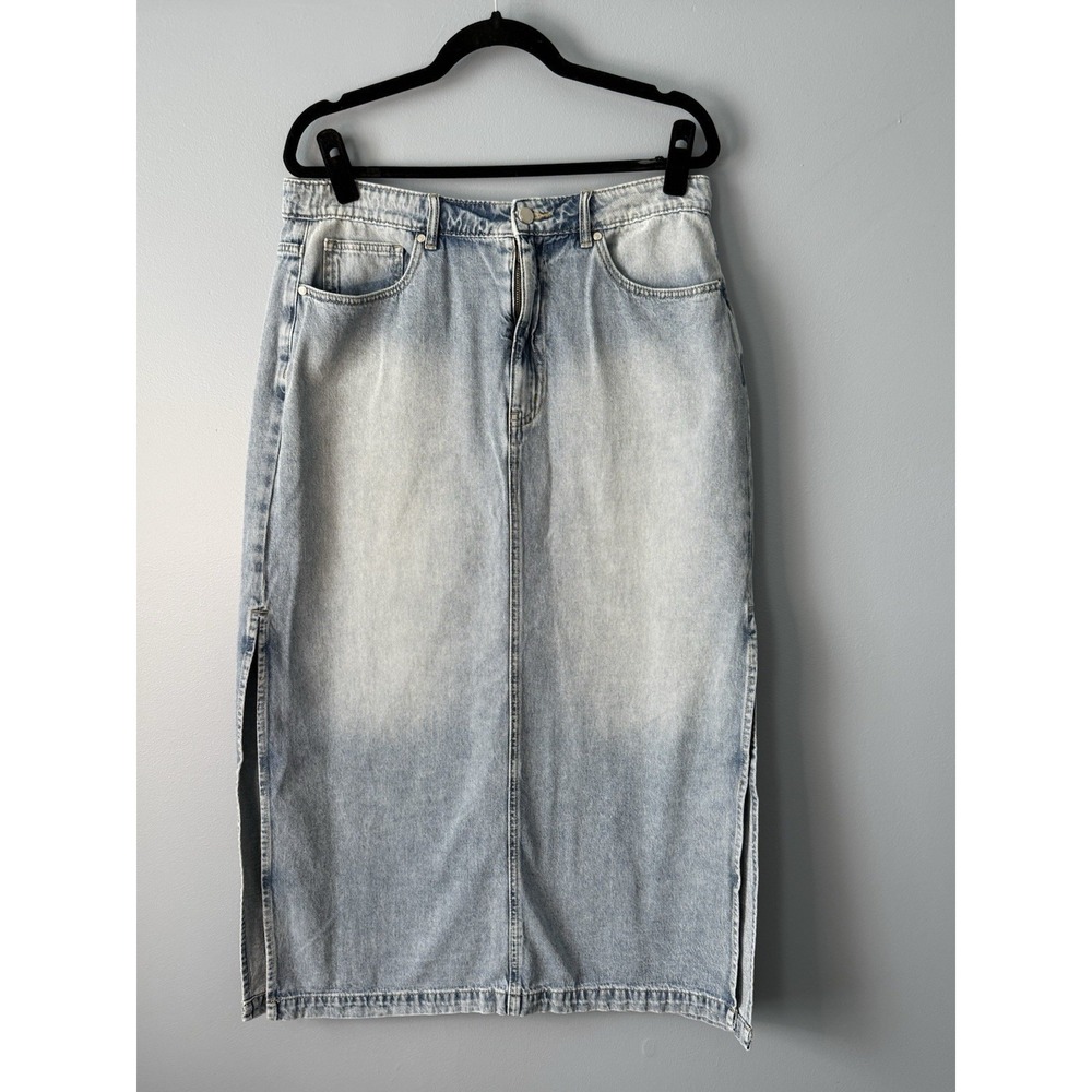 Rebecca Minkoff Light Wash Denim Boho Deep Side‎ Slits Midi Skirt Size 14